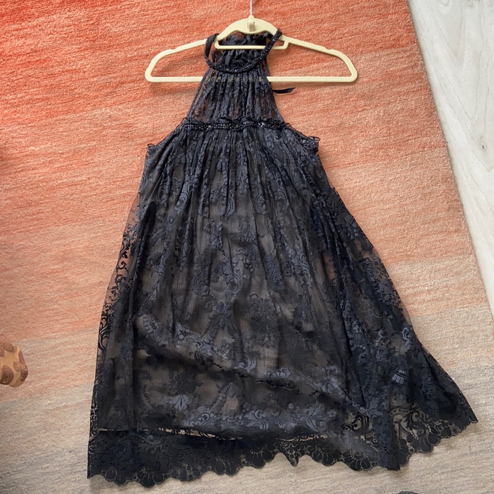 BCBG Maxazria Black Lace Halter Dress w/ Sequins